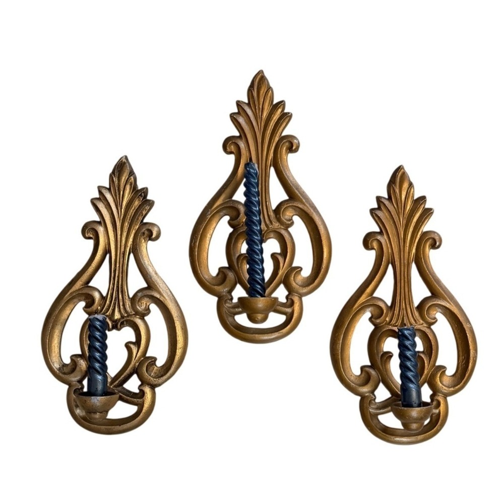 Vintage Ornate Gold Metal Wall Sconces Set of 3 Ornate Taper Candle Holders